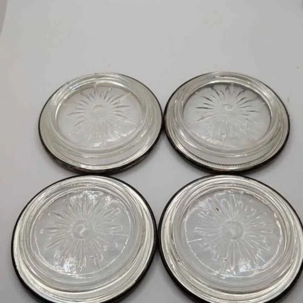 Vintage Leonard Silver Rim Crystal Coasters Set of 4 Starburst Glass Italy